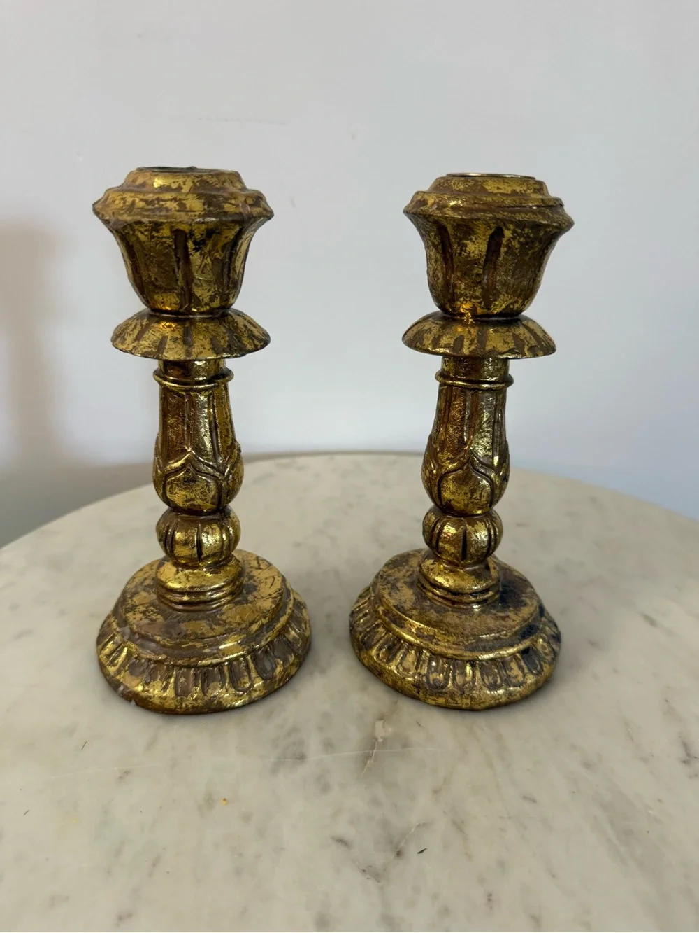 Vintage Pair Of Distressed Gold Painted Pillar Taper Candle Stick Holders